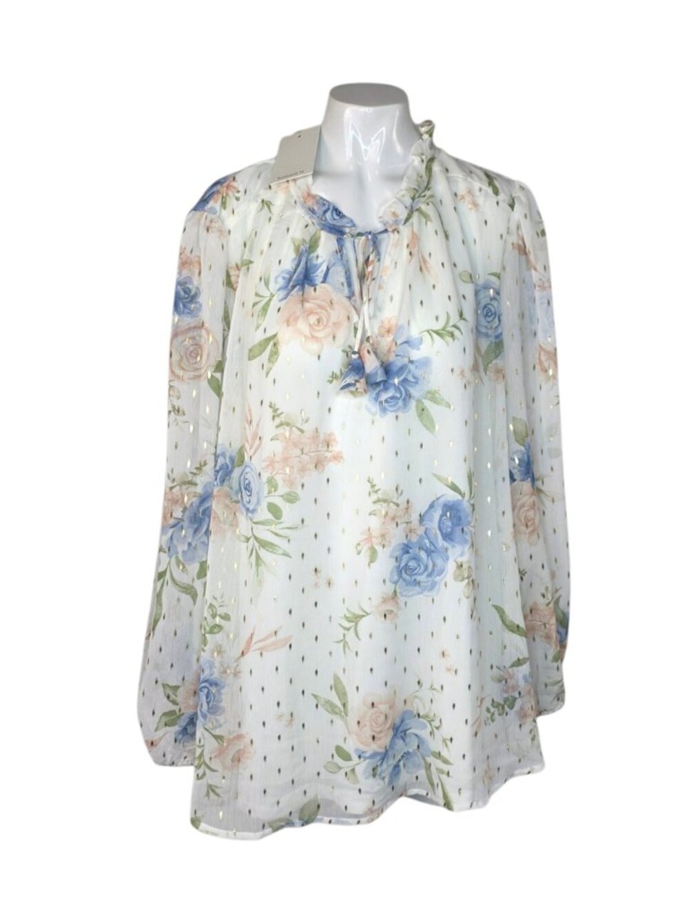 Tamara H. Tie Neck Puff Sleeve Blouse, Floral, Long Sleeve, Plus Size, 1X